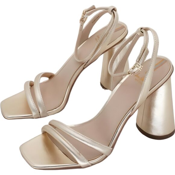 Sam Edelman Kia Block Heel Gold Strappy Sandals - Picture 2 of 6